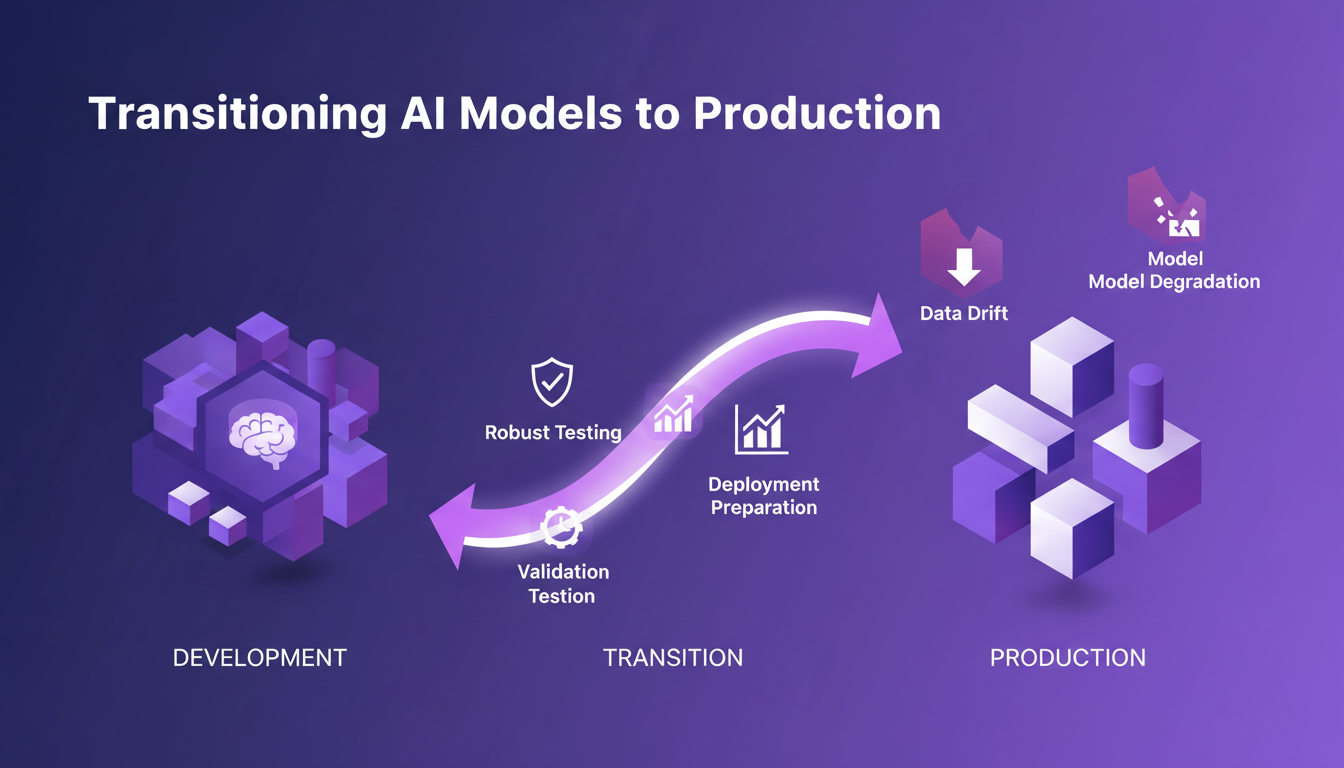 Modern illustration of transitioning AI models to production, featuring geometric shapes and indigo, violet gradients.