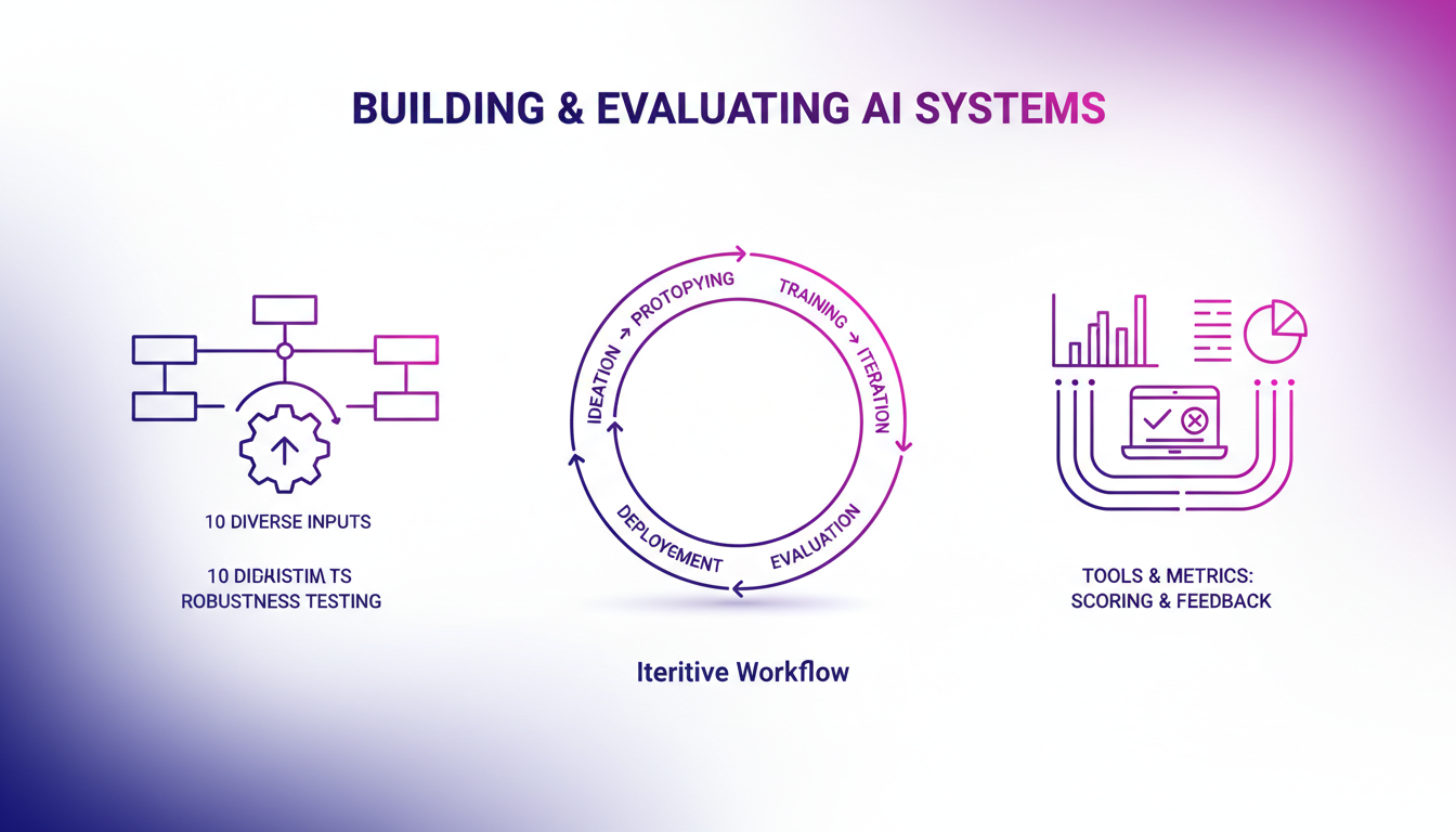 Modern illustration of AI systems, depicting iterative building and evaluation process with geometric shapes and gradient overlays.