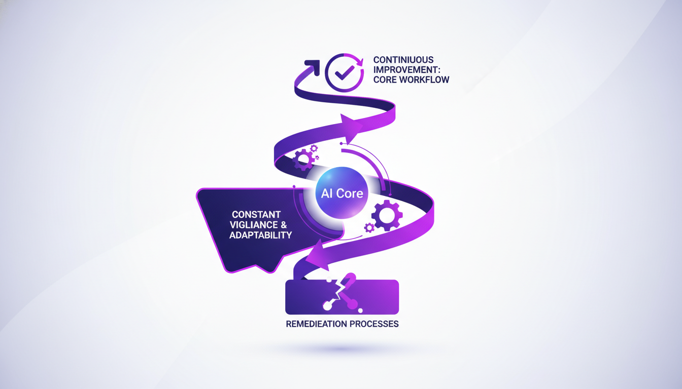 Modern illustration of managing AI systems and continuous improvement, featuring geometric shapes and indigo and violet gradients.