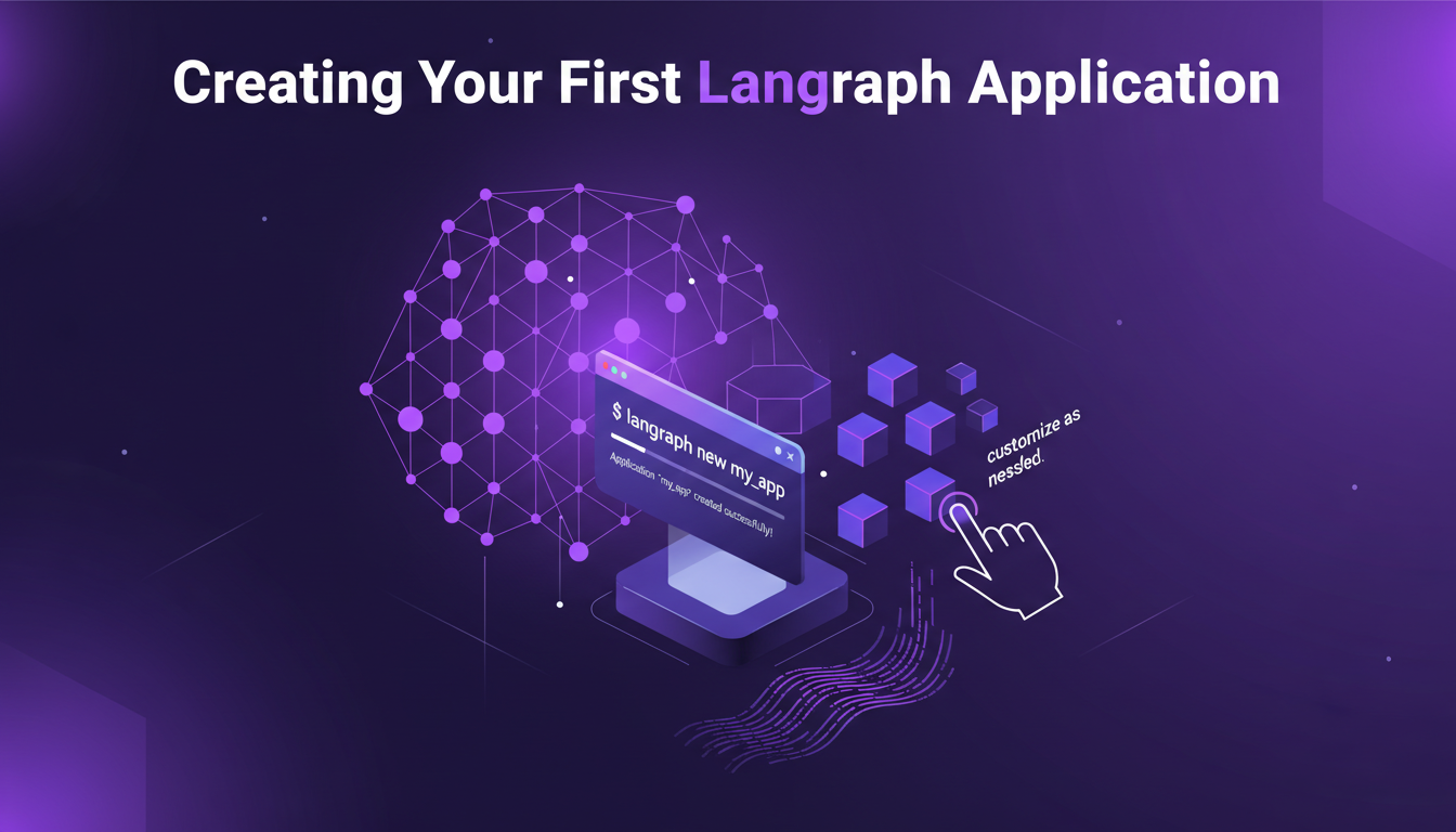 Illustration moderne de création d'une application Langraph avec 'langraph new', mettant en avant des modèles robustes et personnalisables.
