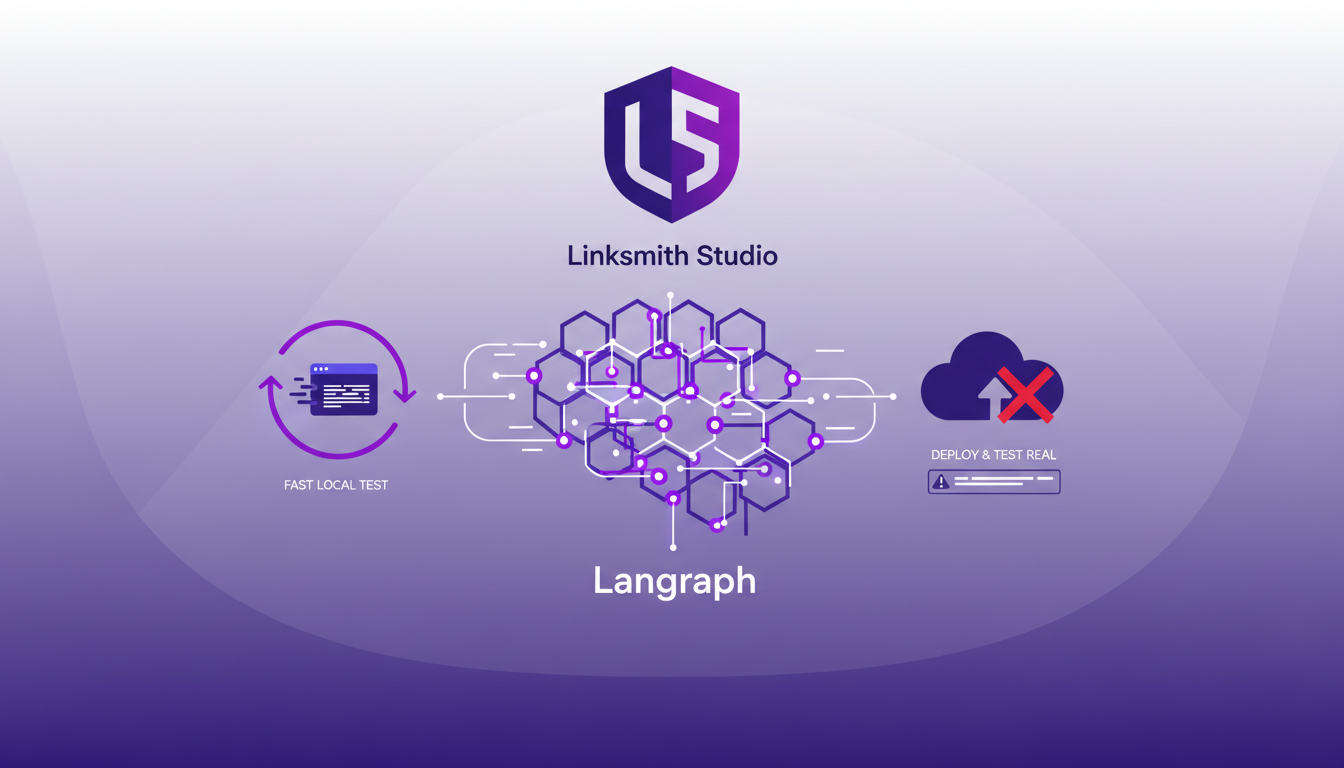 Illustration moderne de test local avec Linksmith Studio, intégration fluide avec Langraph, palette indigo et violet, minimaliste.