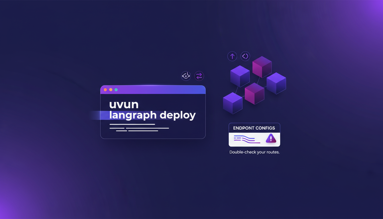Illustration moderne de gestion des agents avec 'uvun langraph deploy', lignes épurées, formes géométriques, palette indigo et violet.