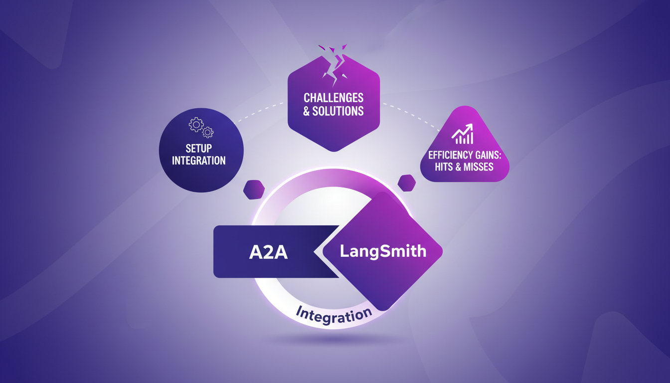 Illustration moderne de l'intégration A2A avec LangSmith, montrant des gains d'efficacité et des défis surmontés, dans un style minimaliste.