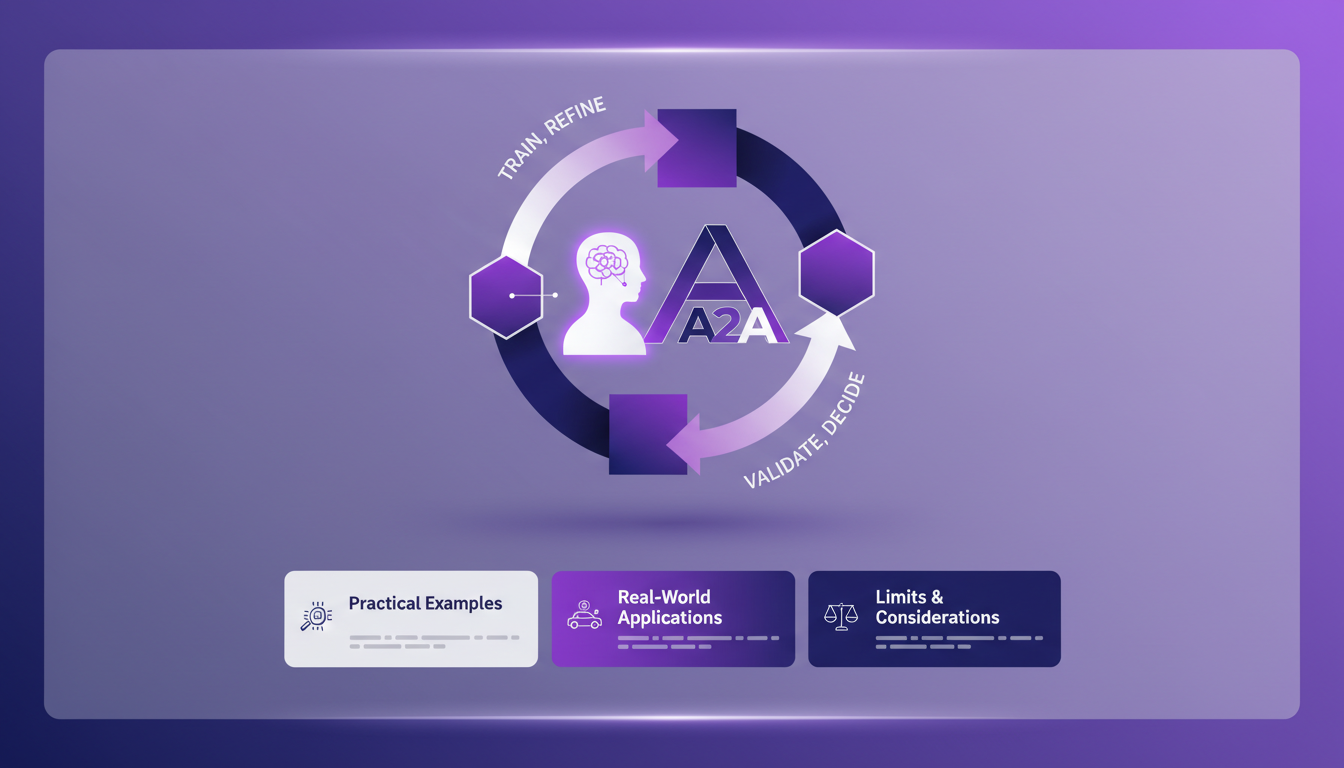 Illustration moderne de l'intégration de l'humain dans la boucle avec l'IA, utilisant des formes géométriques et des dégradés violets.