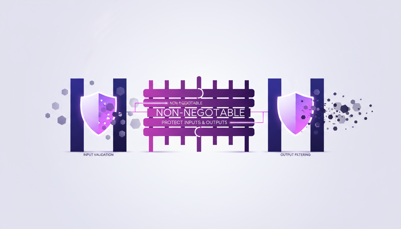 Illustration moderne de garde-corps pour la sécurité, utilisant des formes géométriques et des dégradés en indigo et violet, symbolisant la validation des entrées et la filtration des sorties en IA.