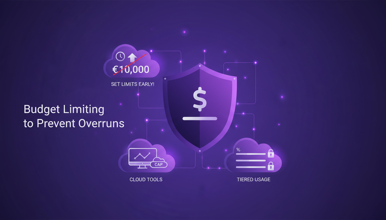 Illustration moderne de la limitation budgétaire pour éviter les dépassements, utilisant des outils cloud, avec des formes géométriques et dégradés.