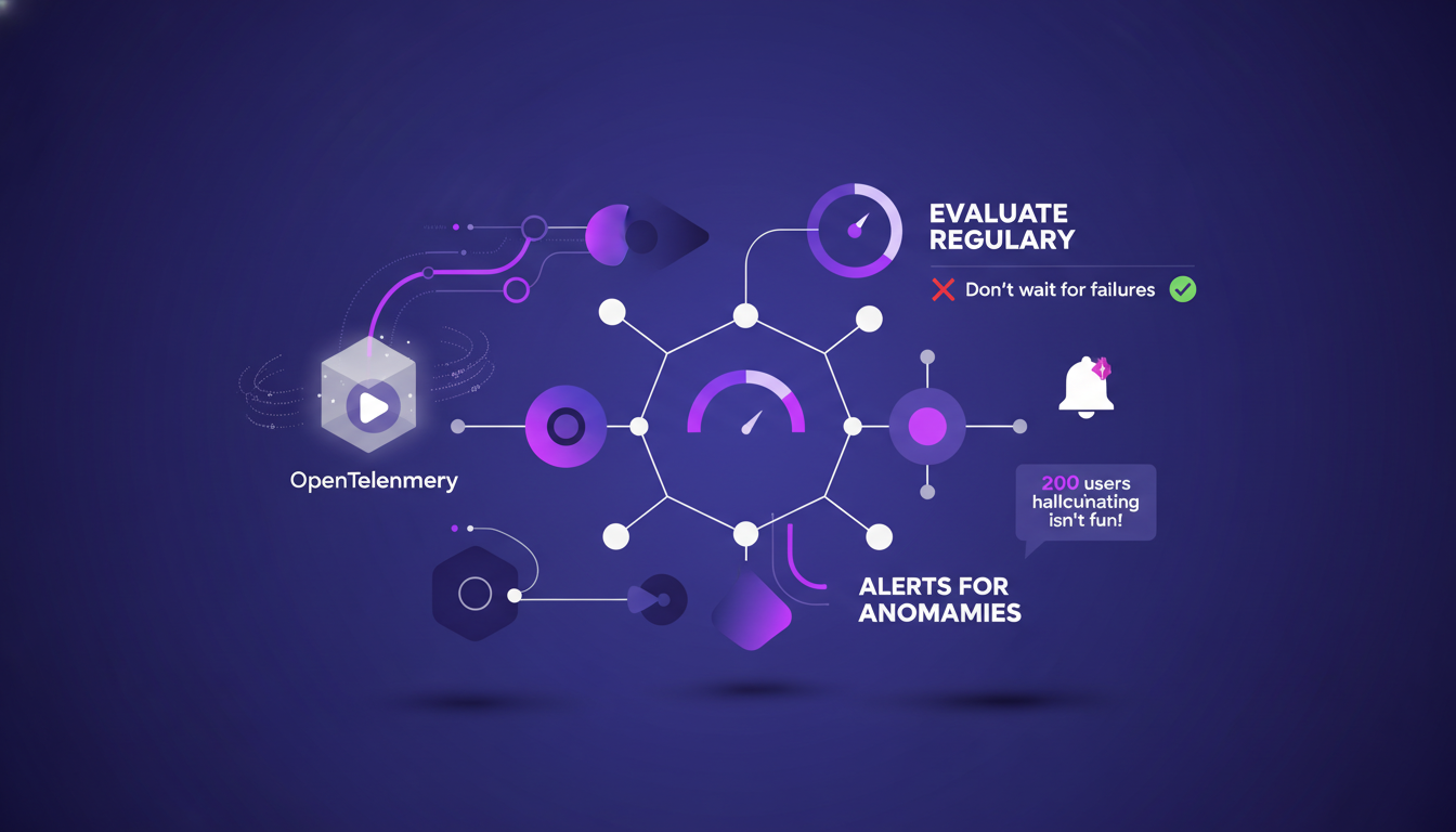 Illustration moderne de la surveillance et évaluation des performances système avec OpenTelemetry, utilisant des formes géométriques et dégradés.