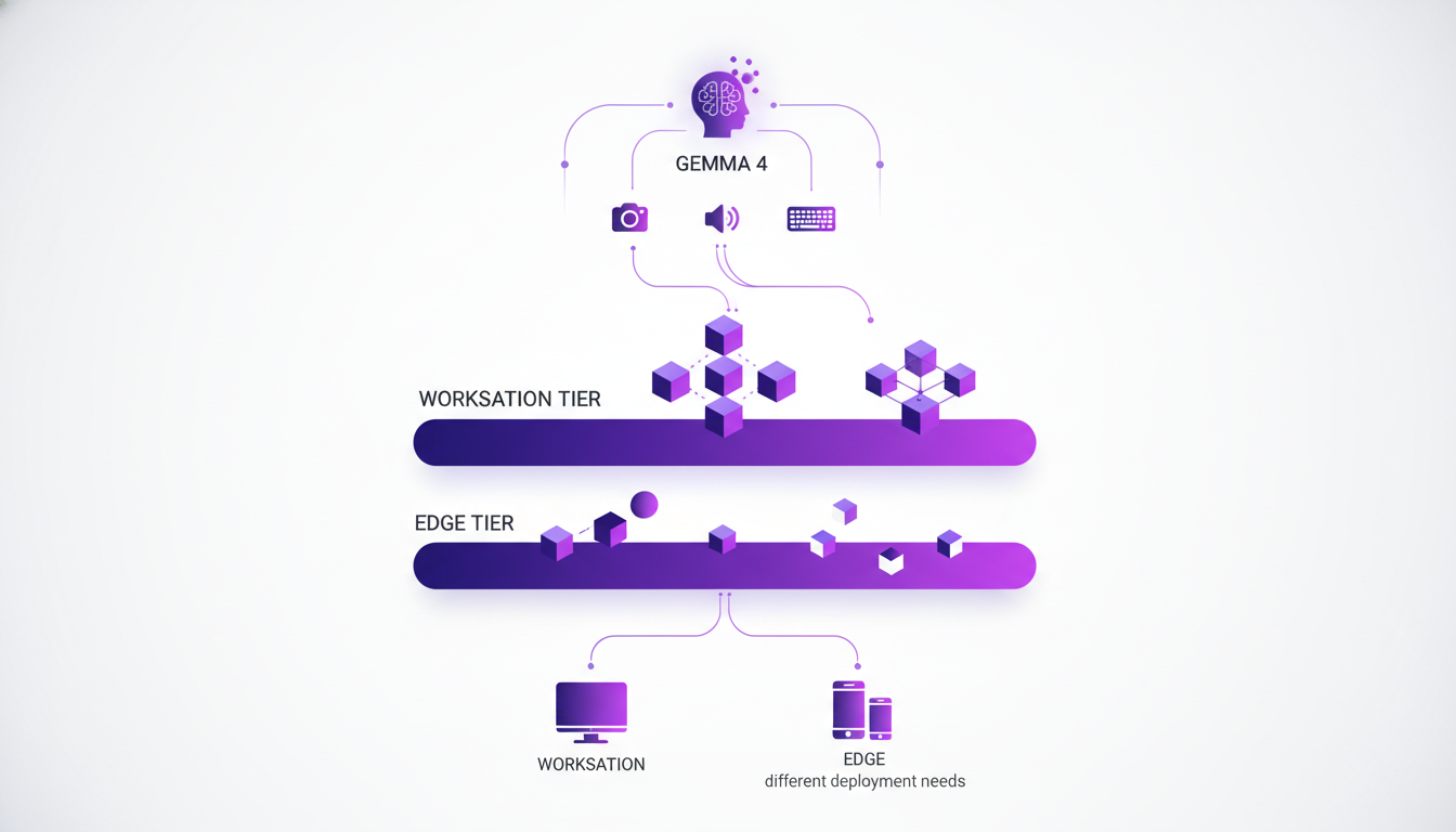 Illustration moderne de la multi-modalité et des niveaux de modèles avec Gemma 4, utilisant des formes géométriques et des dégradés subtils.