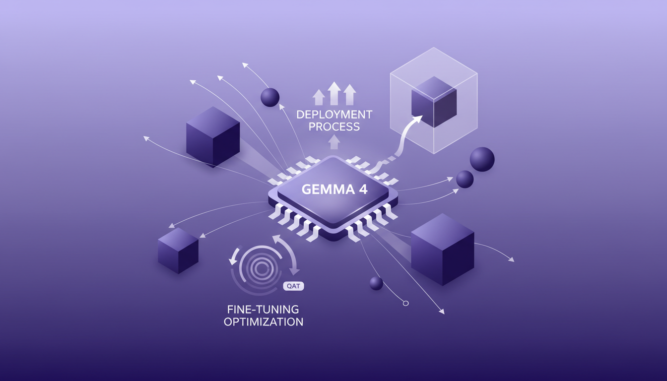 Illustration moderne du déploiement et ajustement des modèles Gemma 4 avec formation quantifiée, tons indigo et violet.