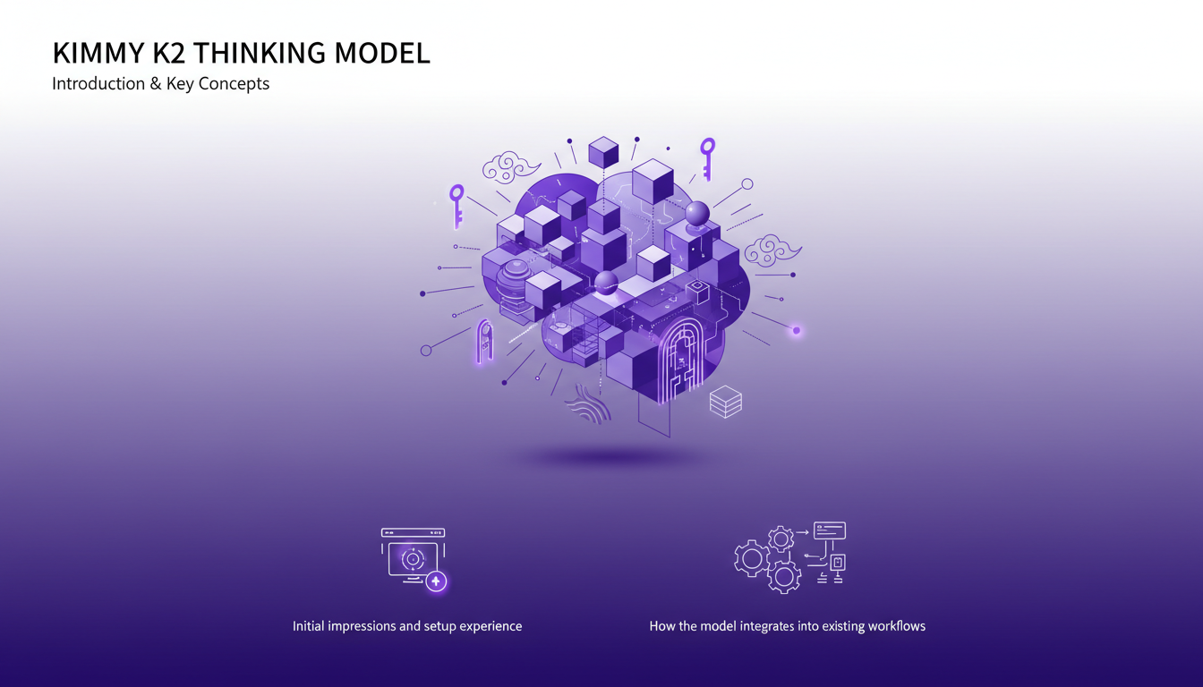 Modern minimalist illustration of Kimmy K2 Thinking Model, AI integration, Chinese origins, innovative workflow setup.