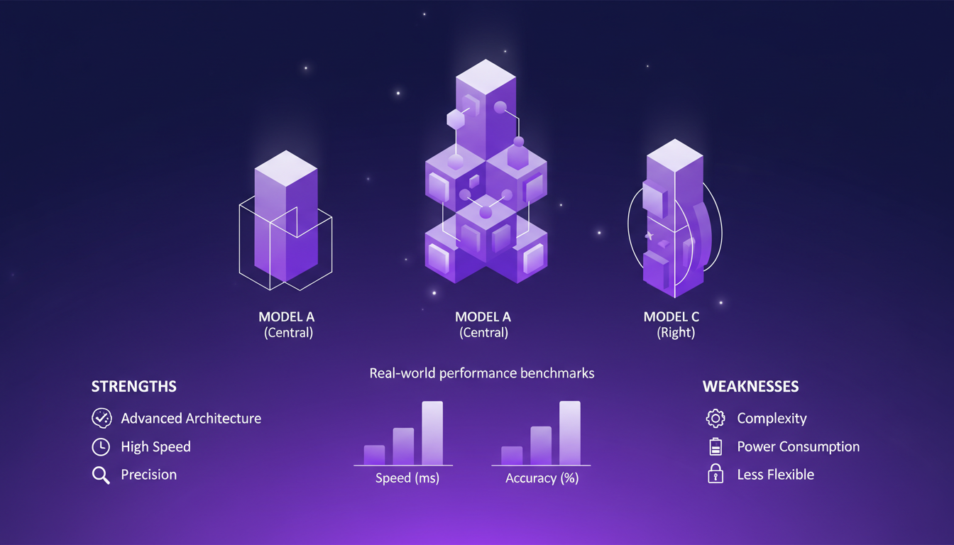 Modern illustration comparing AI models, featuring geometric shapes and gradients, highlighting differences in architecture and performance.