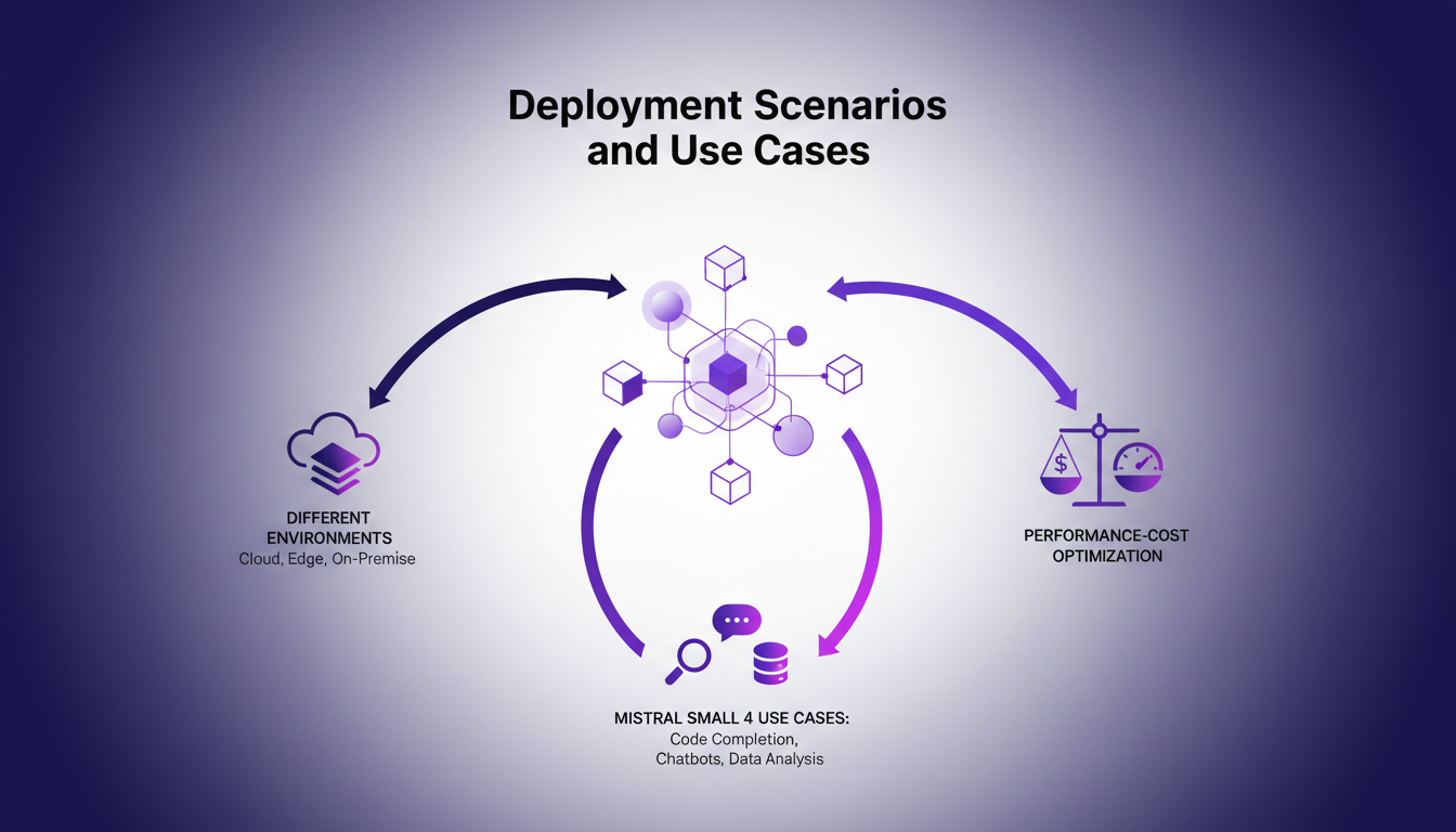 Illustration moderne des scénarios de déploiement et cas d'utilisation, avec formes géométriques et dégradés violets, pour l'IA.