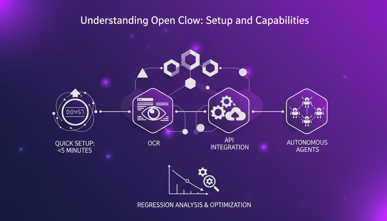 Modern illustration of Open Clow's quick setup with OCR, API, and autonomous agents, optimizing workflows through regression analysis.