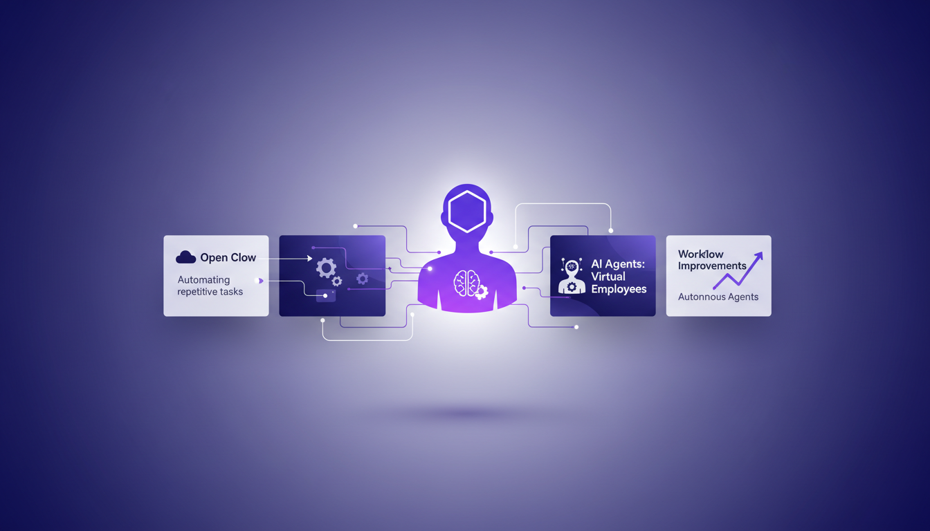 Modern minimalist illustration of AI agents as virtual employees automating tasks with Open Clow, using indigo and violet palette.