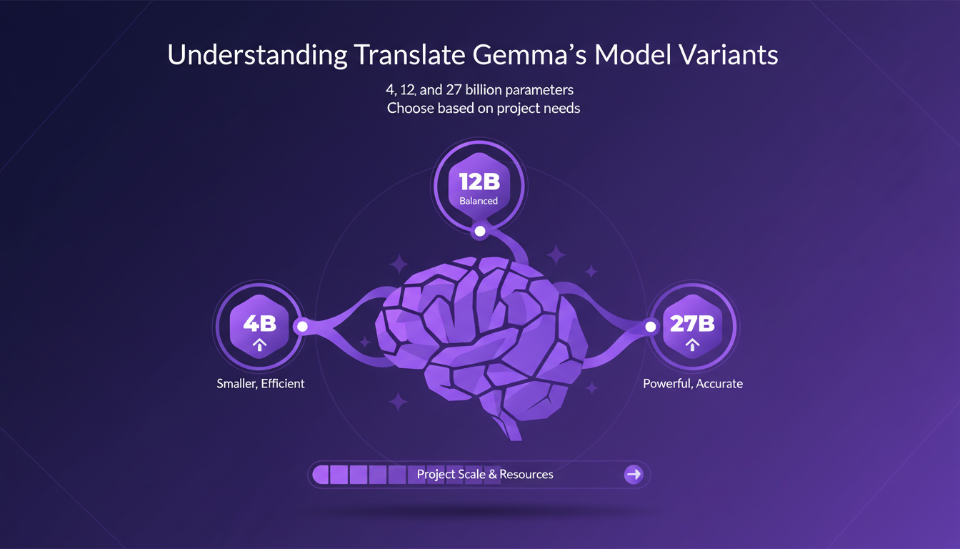 Modern illustration of understanding Translate Gemma's model variants with models of 4, 12, and 27 billion parameters.