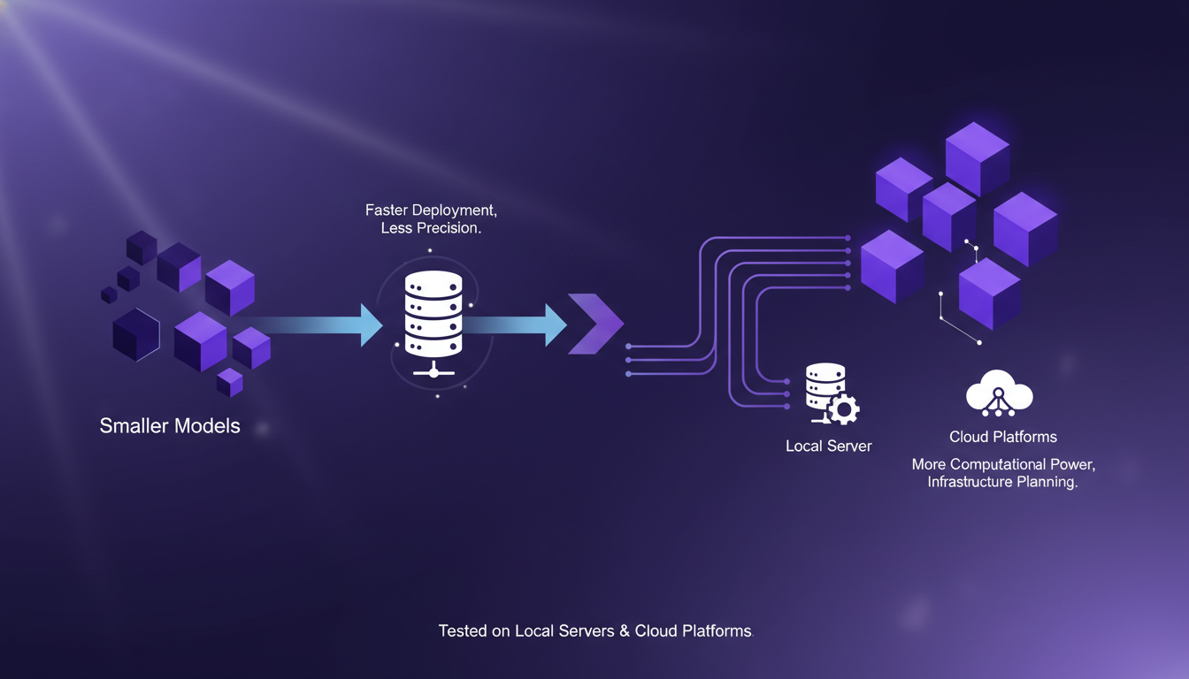 Modern illustration showing deployment options for AI models of various sizes, featuring geometric shapes and indigo gradients.