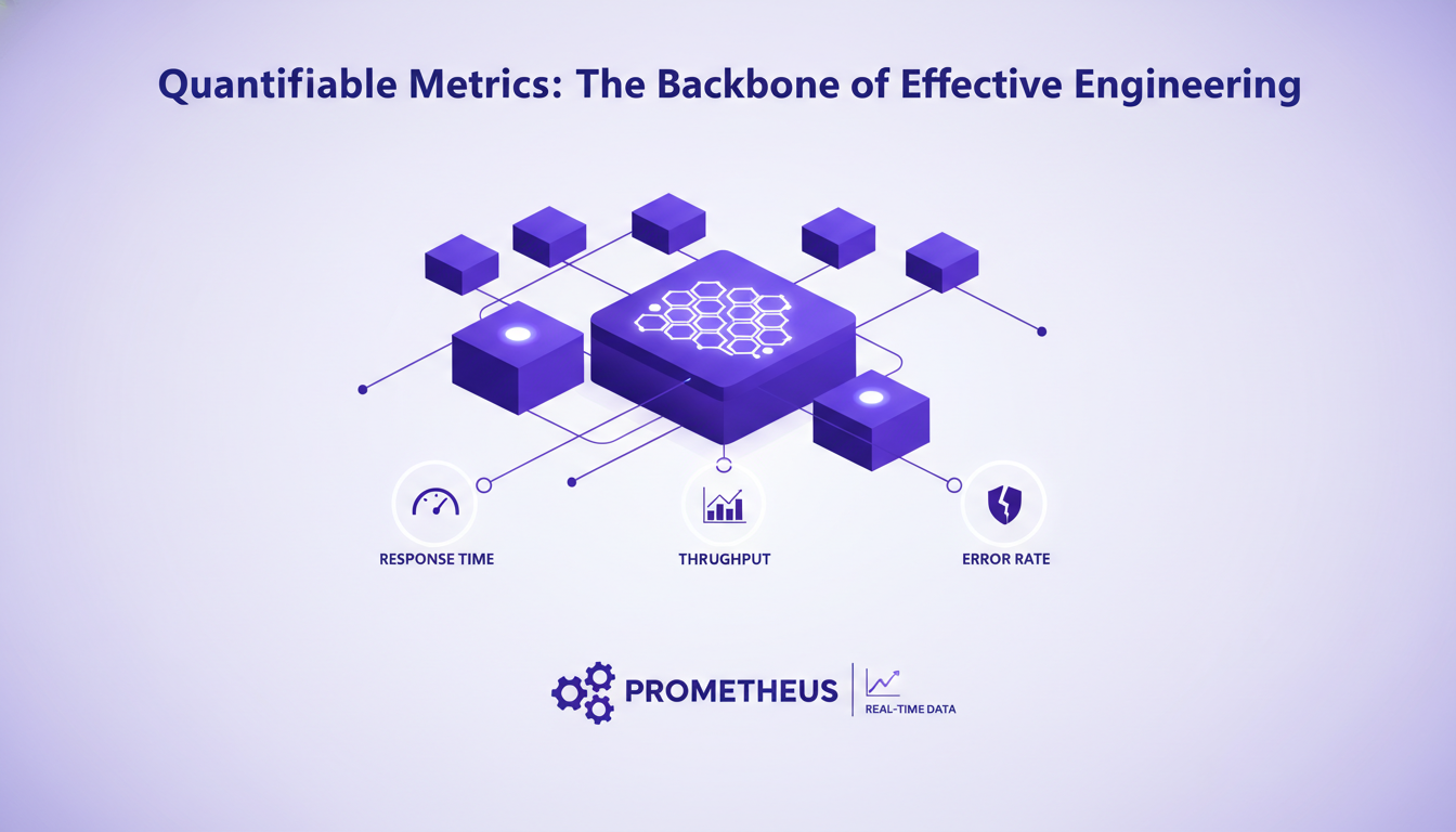 Modern illustration of engineering with quantifiable metrics, featuring geometric shapes and indigo and violet gradients.