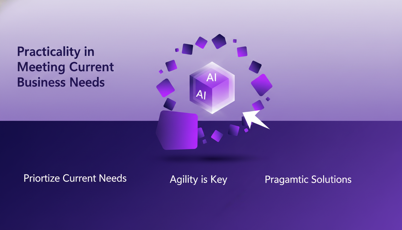 Modern illustration of practicality in business with geometric shapes and violet gradients, symbolizing agility and innovation.