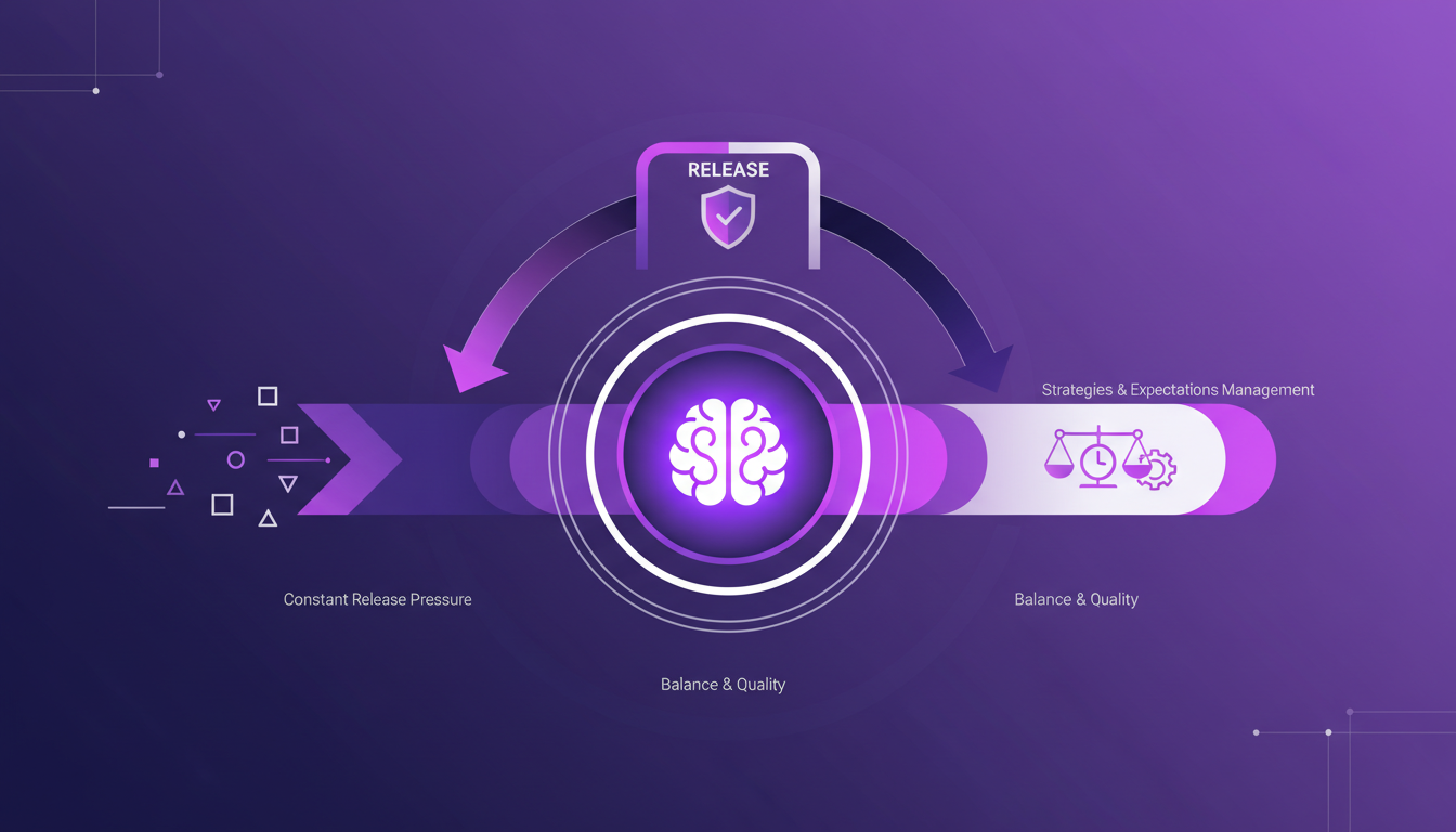 Illustration moderne minimaliste sur la gestion de la pression de sortie de nouvelles fonctionnalités, avec formes géométriques et dégradés indigo.