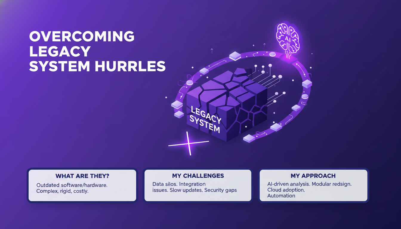 Illustration moderne surmontant les obstacles des systèmes hérités avec formes géométriques et dégradés en indigo et violet.