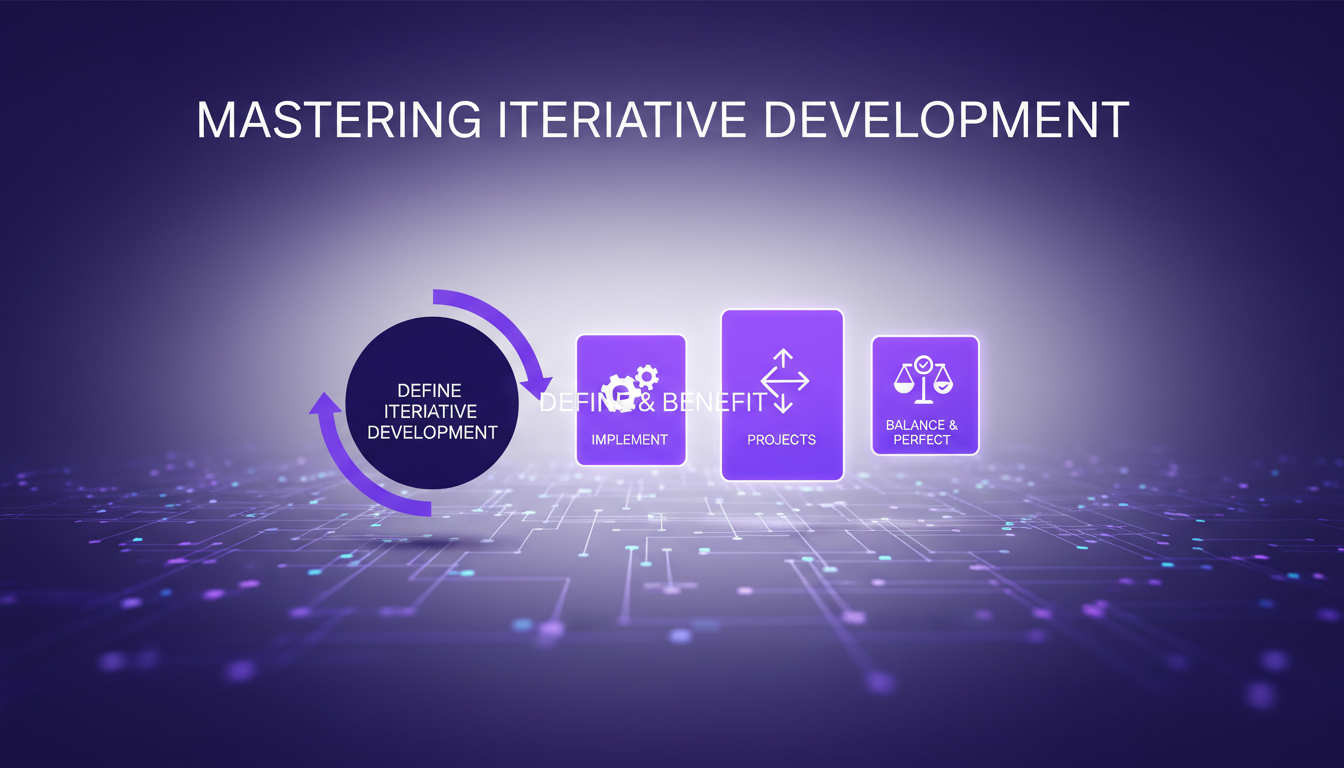 Illustration moderne de développement itératif avec formes géométriques et dégradés, symbolisant l'innovation et l'IA.