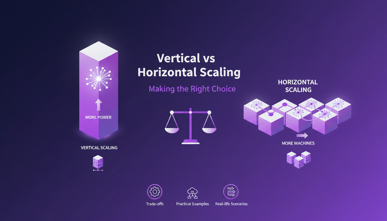 Modern illustration of vertical vs horizontal scaling, depicting key concepts with geometric shapes and violet gradients.