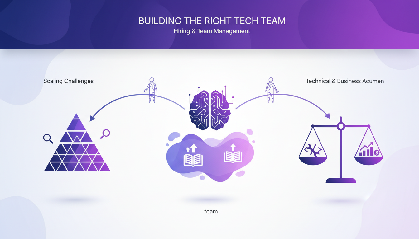 Modern illustration on hiring and team management, highlighting AI skills and a learning culture for building a tech team.