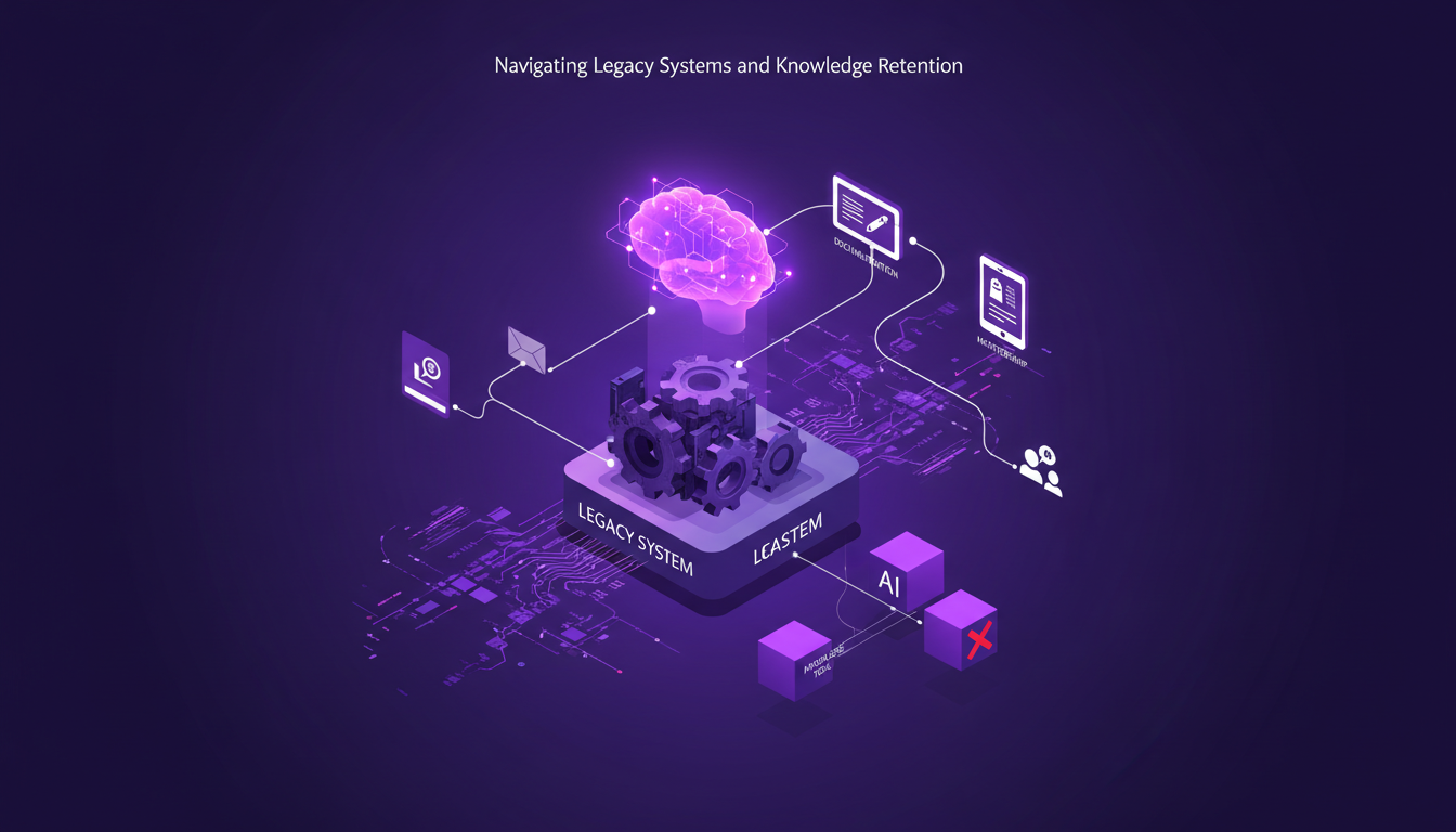 Modern illustration of legacy systems and knowledge retention, featuring geometric shapes and violet gradients, minimalist style.