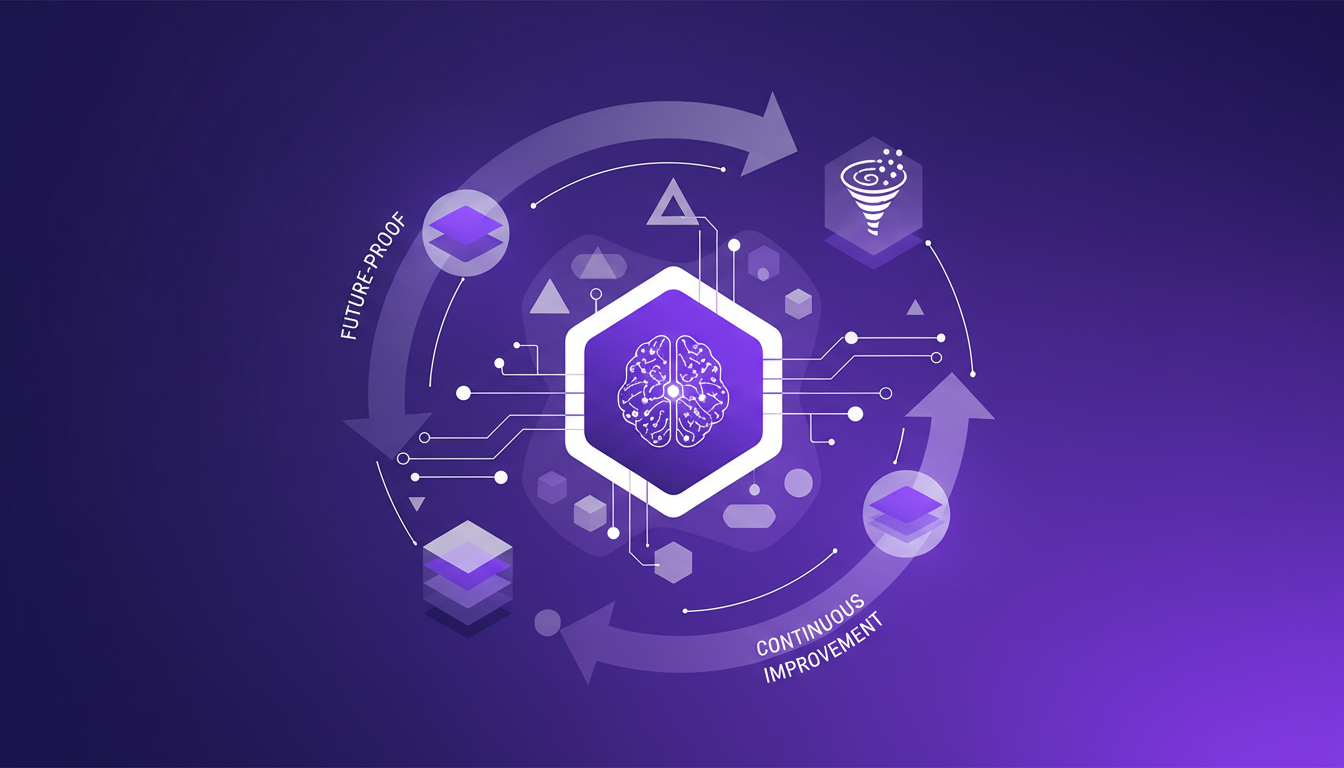 Modern illustration of adaptable systems with generative modeling, geometric shapes, and indigo-violet gradients.