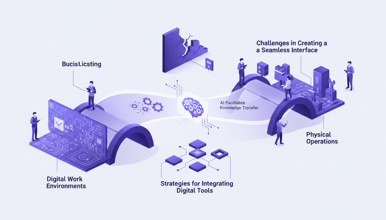 Modern illustration bridging digital and physical workspaces with AI, geometric shapes, and violet gradients.