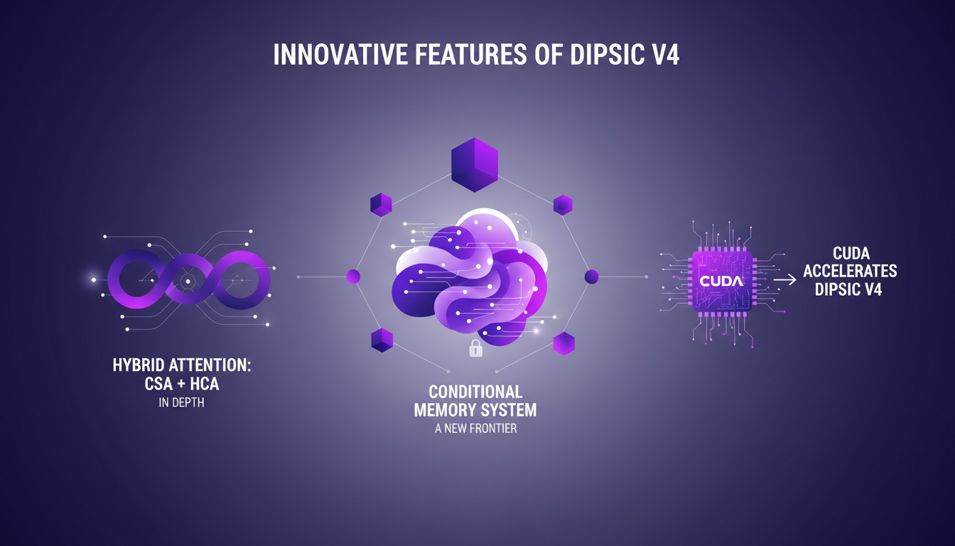 Illustration moderne des fonctionnalités innovantes de Dipsic V4, avec approche hybride, système mémoire conditionnel, accélération CUDA.