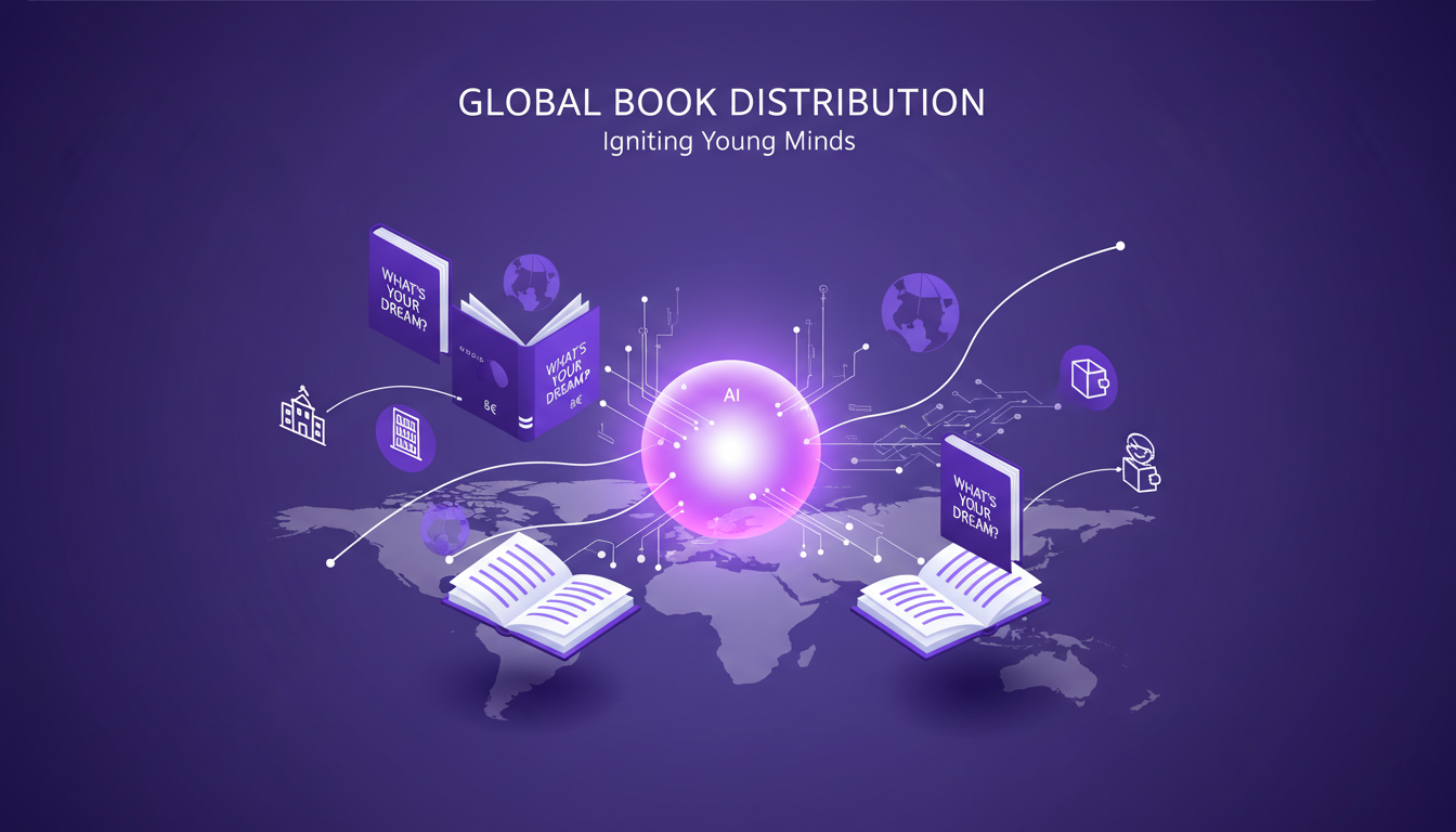 Modern illustration of global book distribution, highlighting educational impact with geometric shapes and violet gradients.