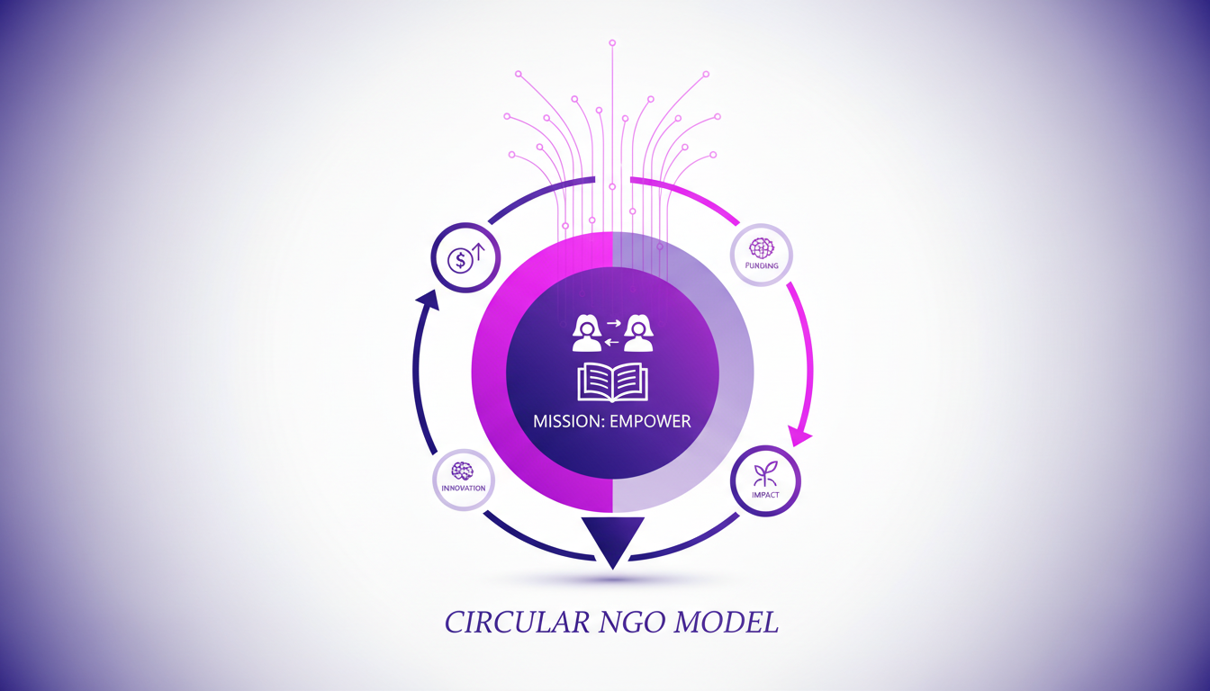 Modern illustration of a women's rights NGO launch, showcasing mission clarity and network support, in minimalist indigo and violet style.