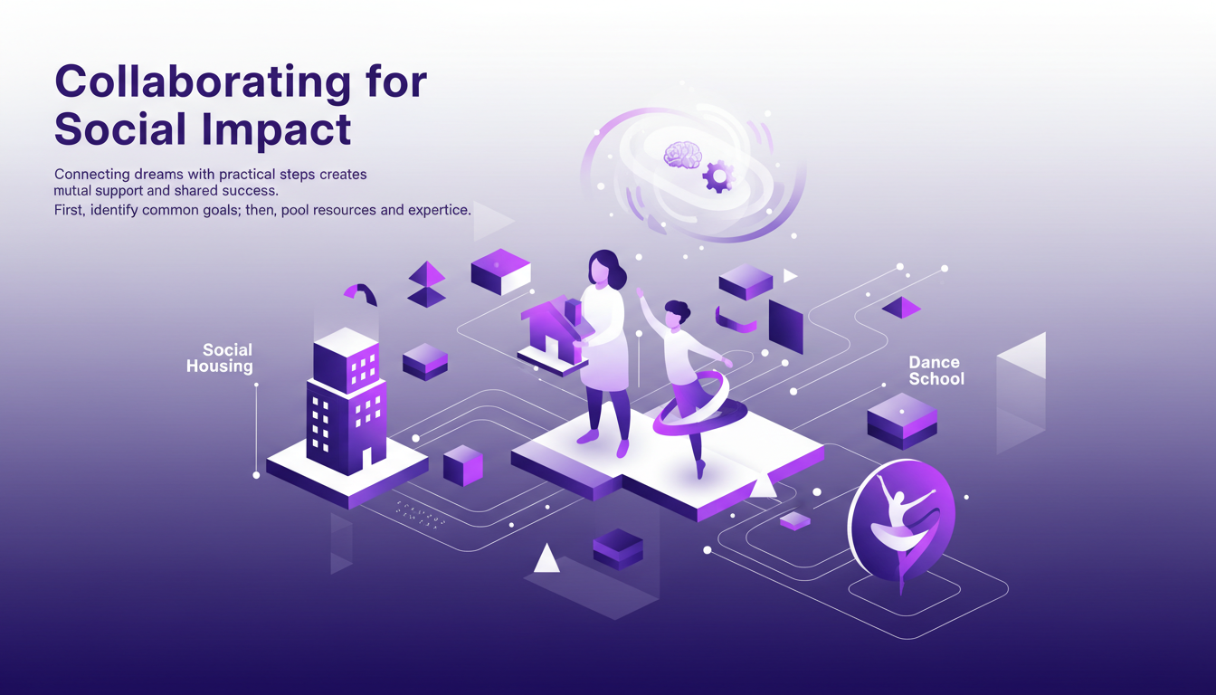 Modern illustration of collaborating for social impact, featuring AI tech, geometric shapes, indigo palette for a blog article.