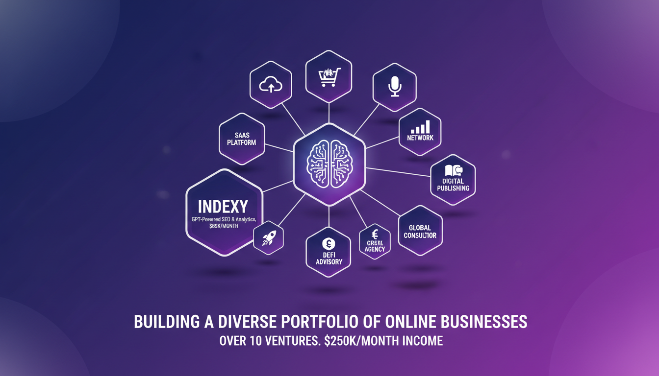 Modern illustration of a diverse online business portfolio, highlighting AI technology and $250K/month income streams.