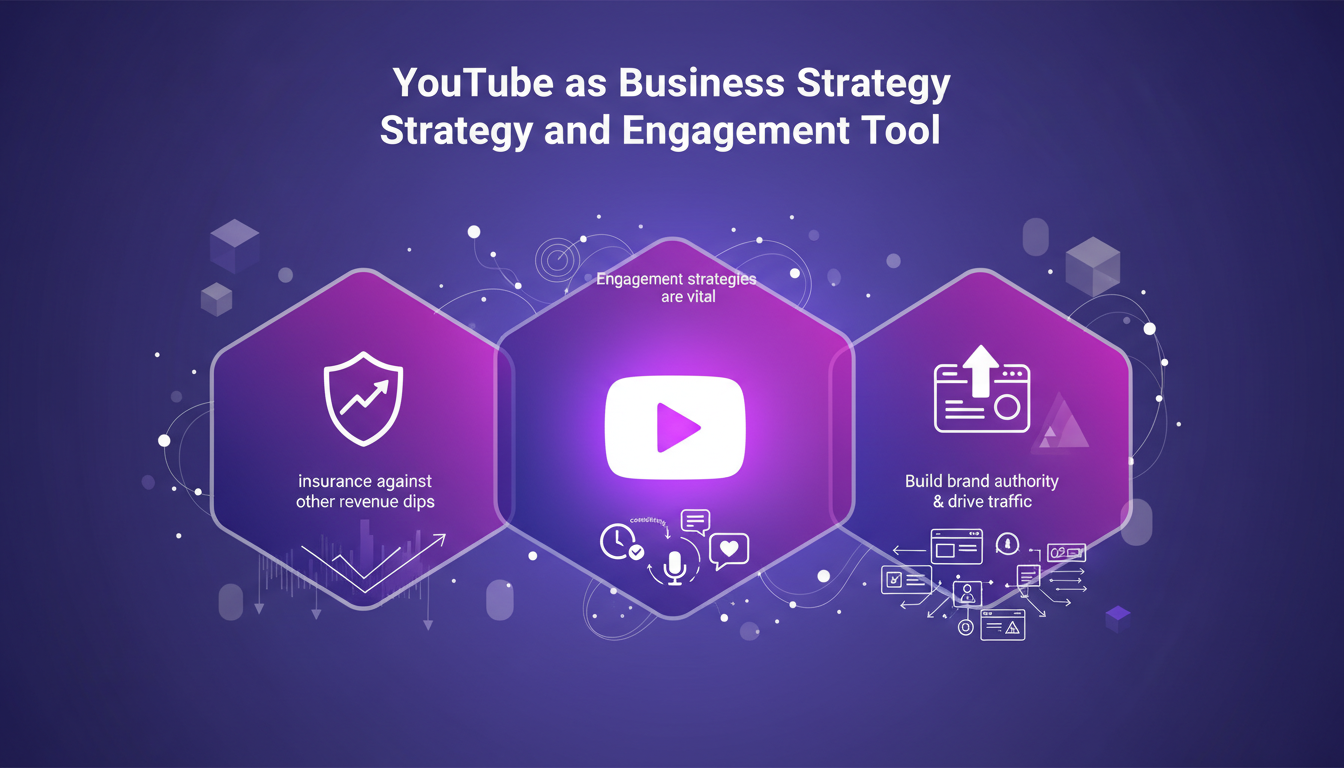 Modern illustration of YouTube as a business strategy, engagement tool, featuring geometric shapes, indigo and violet colors.