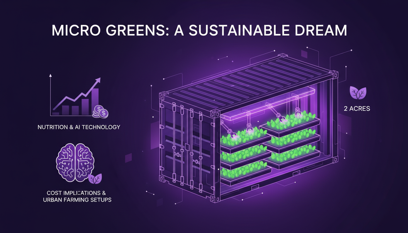 Modern illustration of microgreens in vertical farming, showcasing sustainability and urban innovation with AI technology.