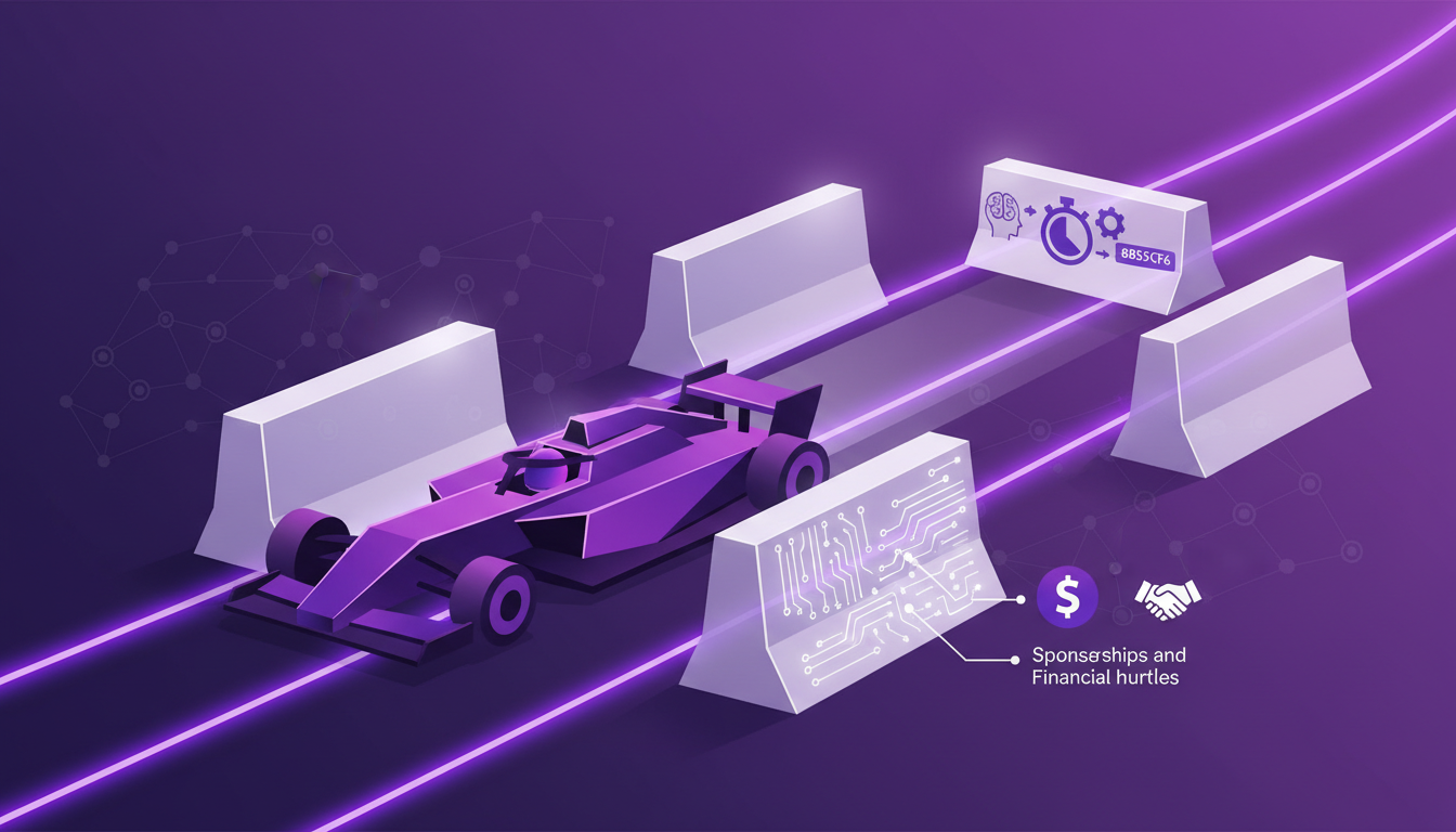Modern illustration of motorsports challenges, financial hurdles, and career decisions, featuring geometric shapes and gradient overlays.