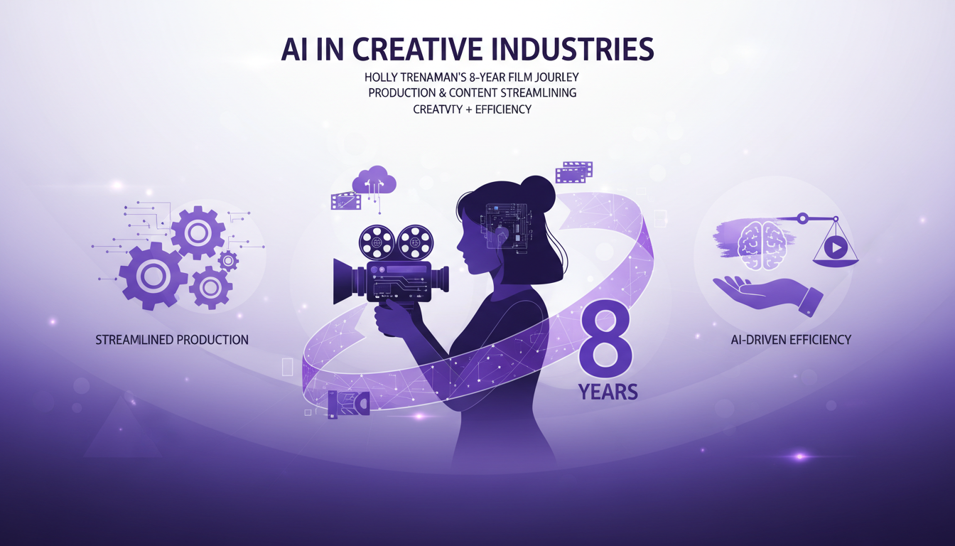 Modern illustration of AI in creative industries, depicting Holly Trenaman's 8-year filmmaking journey, featuring geometric shapes and gradients.
