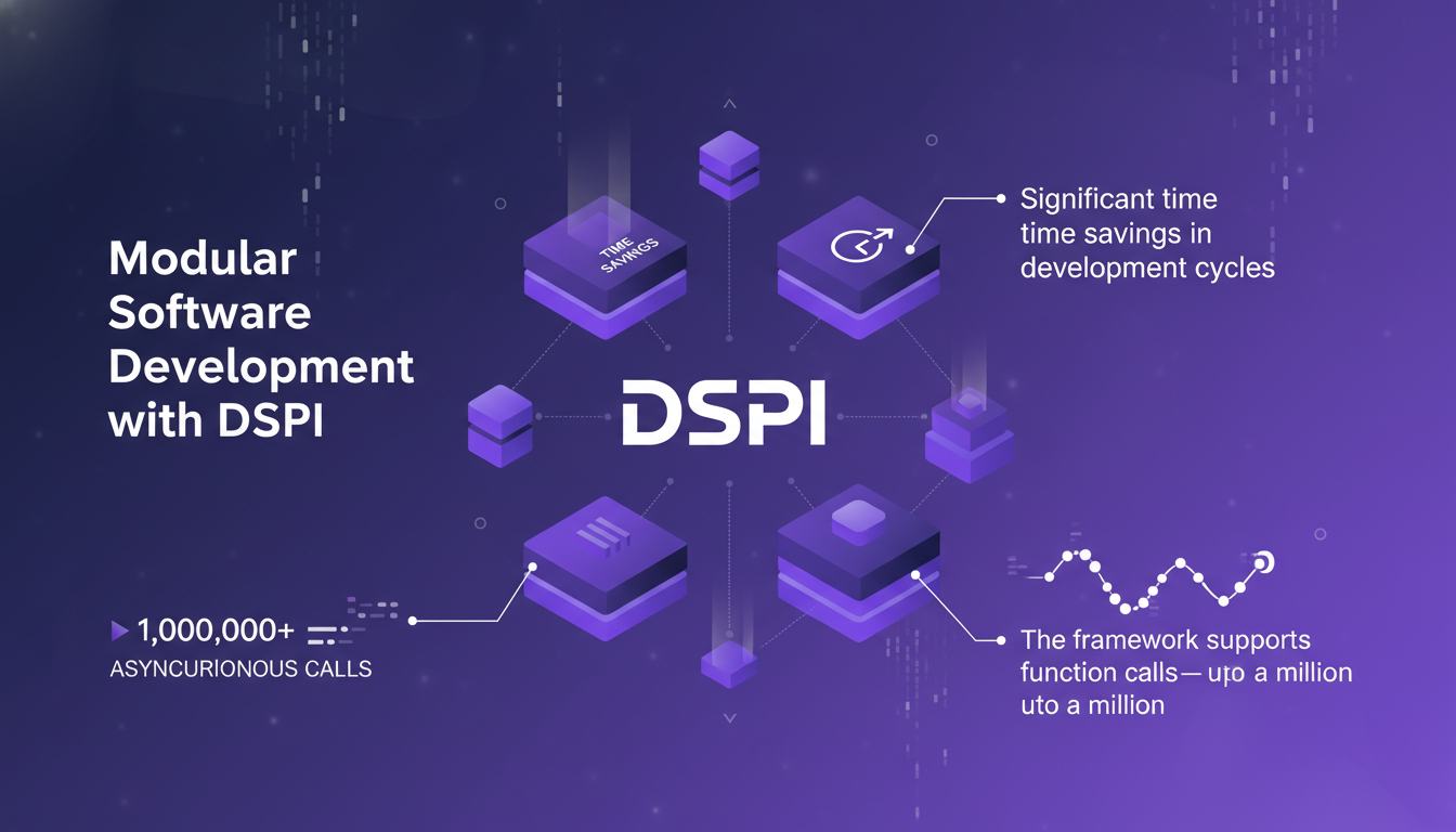 Modern illustration of modular software development with DSPI, easy integration, time savings, async calls, AI technology.