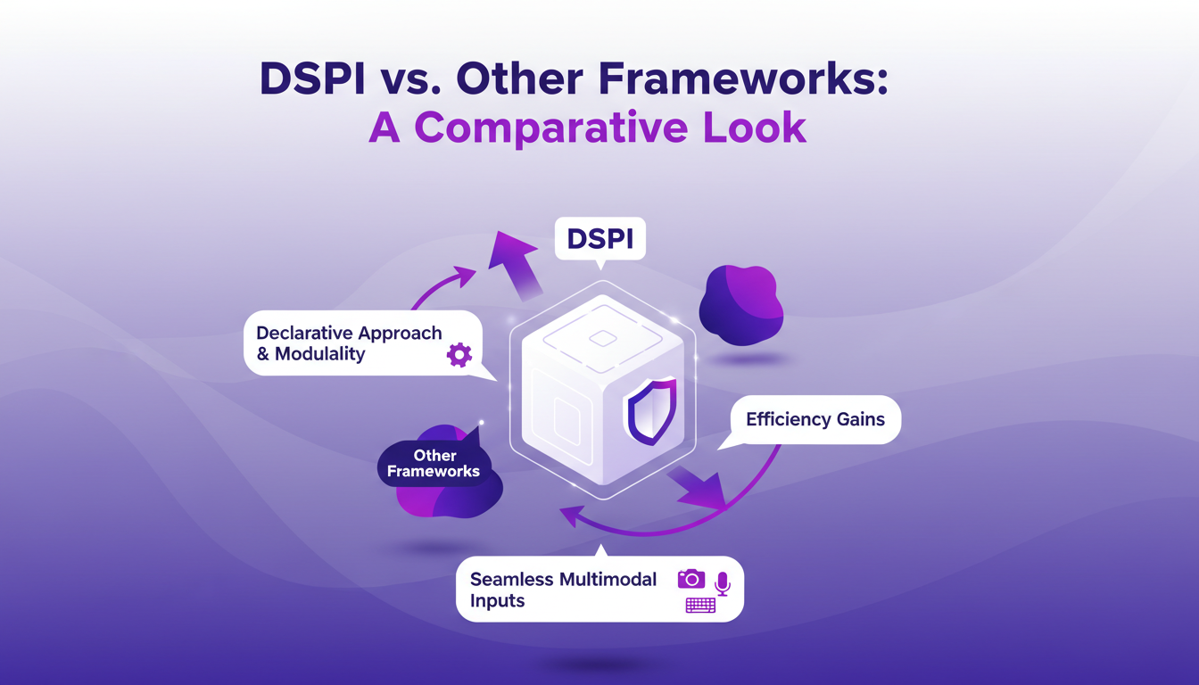 Modern illustration comparing DSPI and other frameworks, highlighting DSPI's declarative approach and modularity.