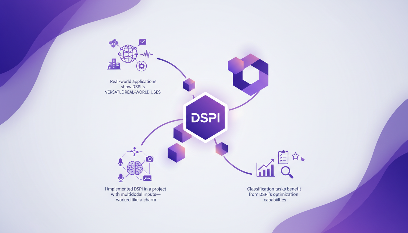 Modern illustration of DSPI applications, highlighting its AI role with geometric shapes and indigo-violet gradients, professional and innovative.