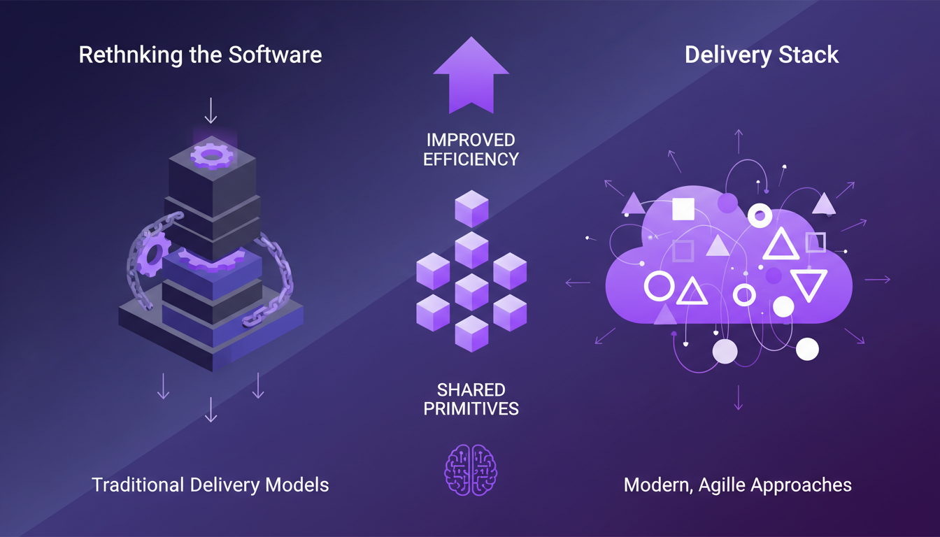 Illustration moderne de la réinvention de la pile de livraison logicielle, combinant modèles traditionnels et agiles avec des éléments géométriques.