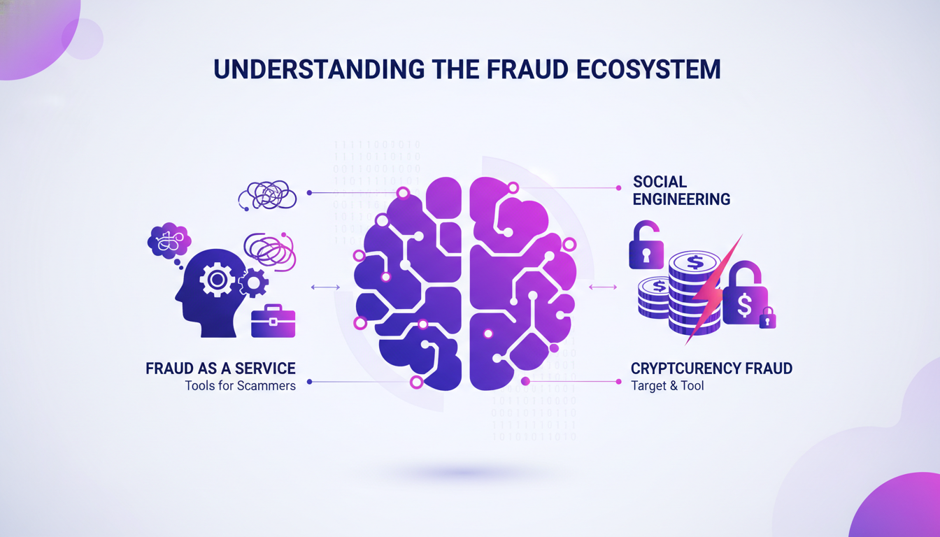 Modern illustration of the fraud ecosystem highlighting FaaS, social engineering, crypto, in minimalist indigo and violet style.