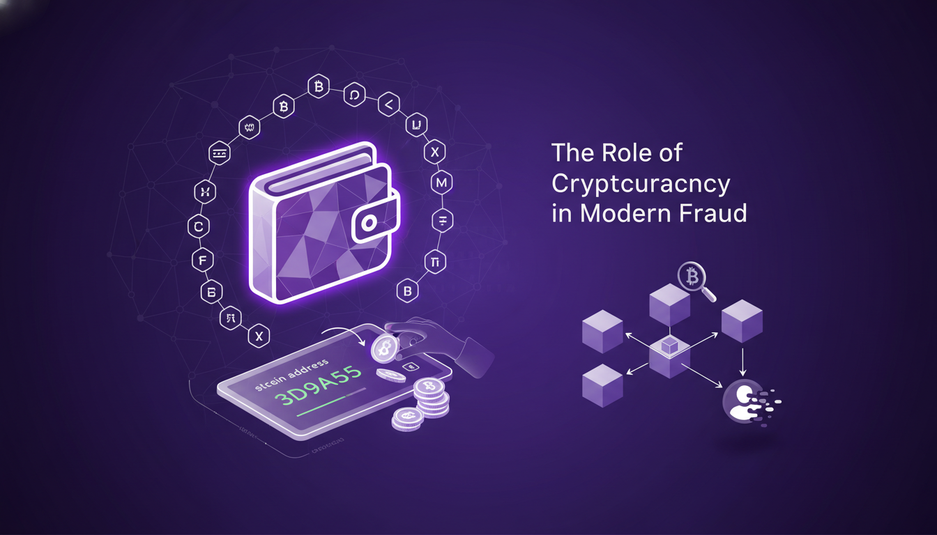 Modern illustration on cryptocurrency's role in fraud, featuring secure wallets and handwritten Bitcoin addresses.