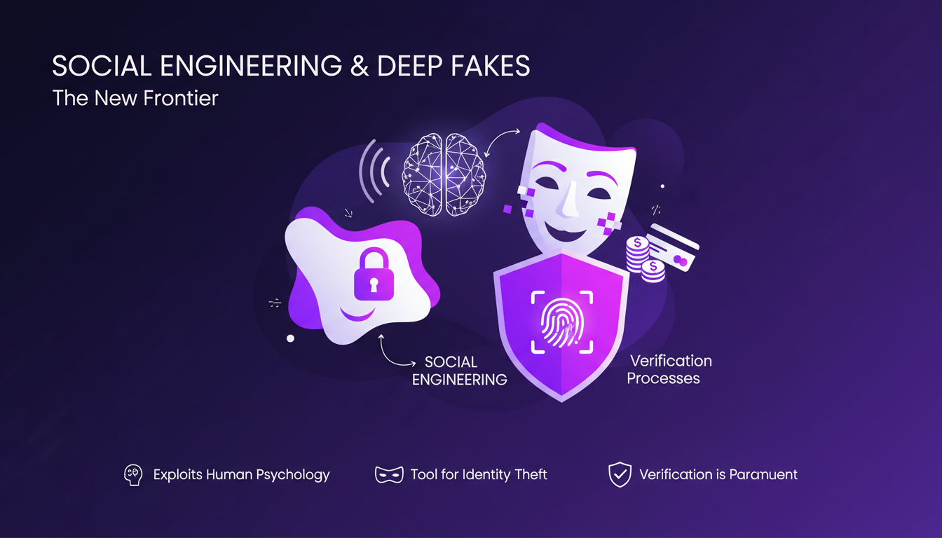 Modern illustration of social engineering and deep fakes with geometric shapes and gradients, symbolizing fraud and identity theft.