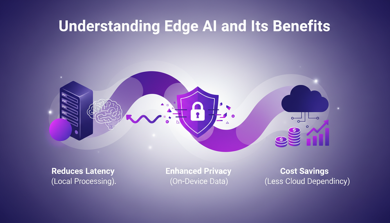 Modern illustration of Edge AI: local data processing, enhanced privacy, cloud cost savings. Minimalist design, indigo and violet colors.