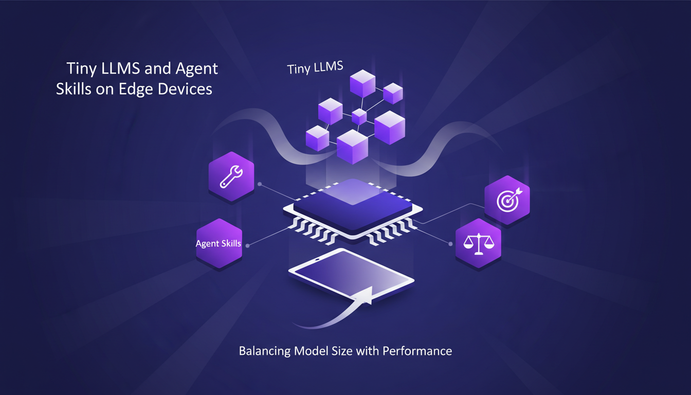 Modern illustration of Tiny LLMs and agent skills on edge devices, featuring geometric shapes and violet gradients for AI technology context.