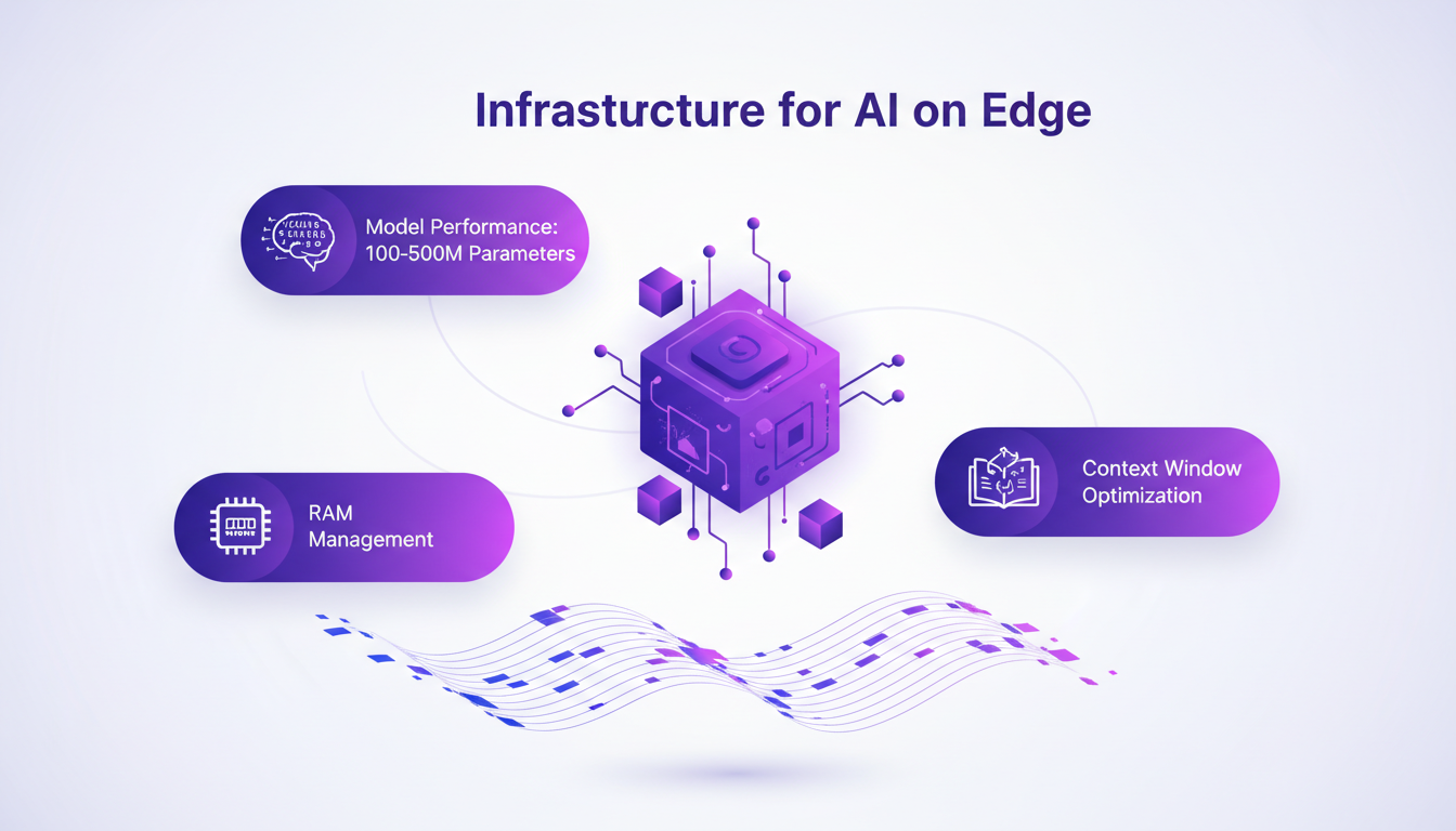Modern illustration of technical infrastructure for AI on edge, featuring geometric shapes and indigo-violet gradients.