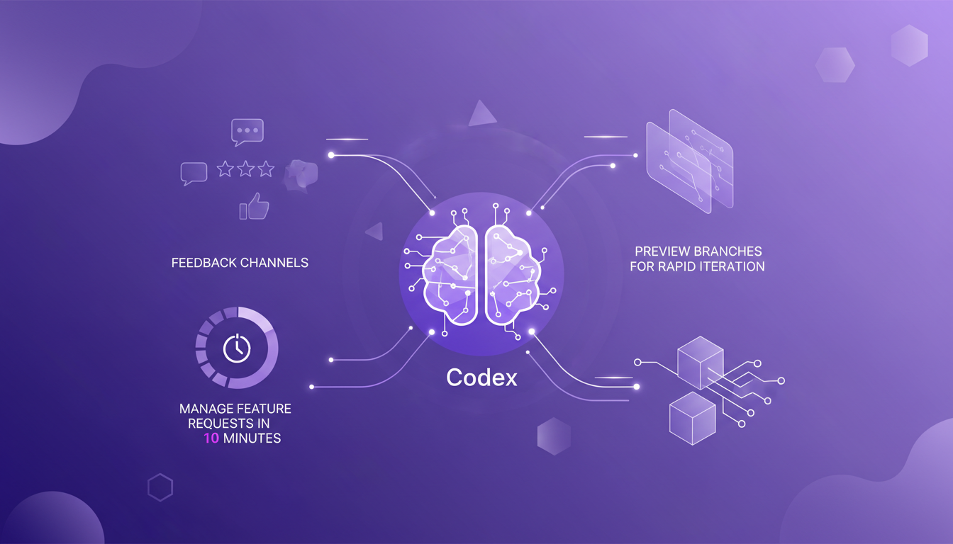 Modern minimalist illustration of real-time customer feedback handling, Codex integration, and preview branches for rapid iteration.